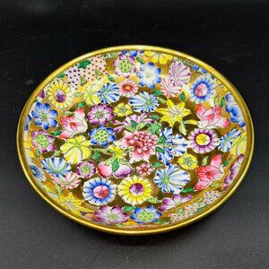 Vintage Japanese Porcelain Bowl 6" With Brass Trim & Thousand flowers Floral Mot